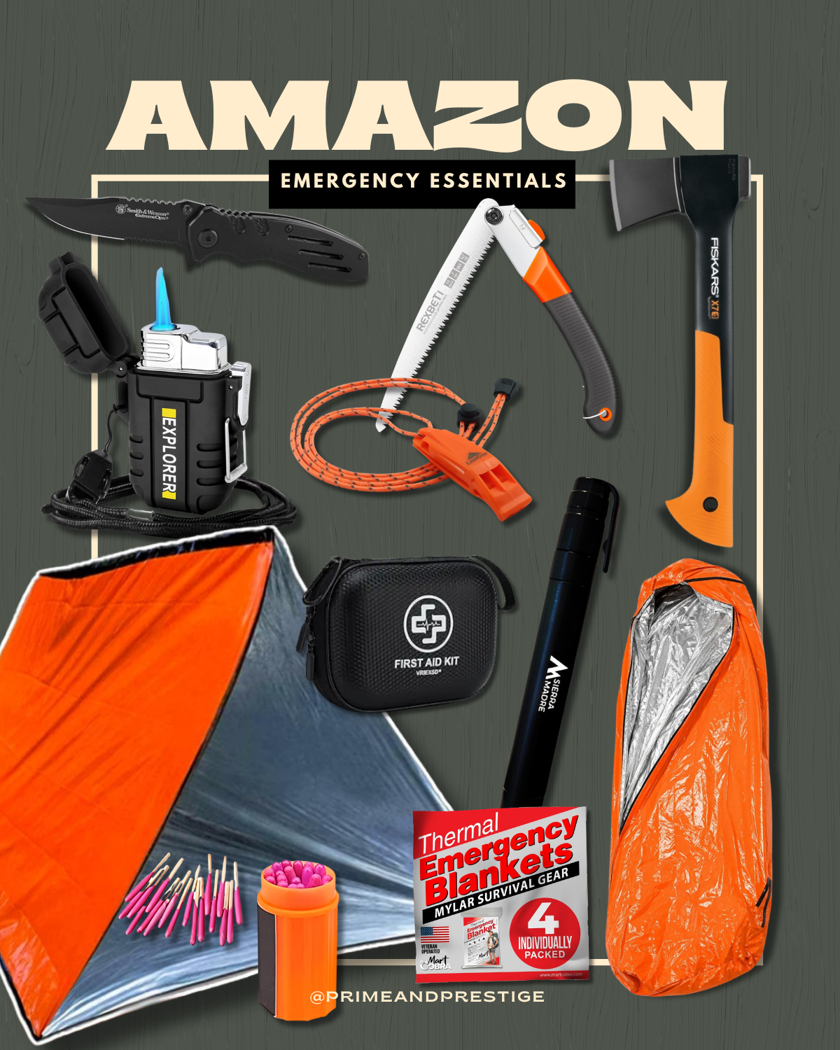Amazon emergency essentials for hiking and camping including survival knife, hatchet, folding saw, first aid kit, emergency bivvy, thermal blankets, waterproof lighter, flashlight, whistle, and stormproof matches.