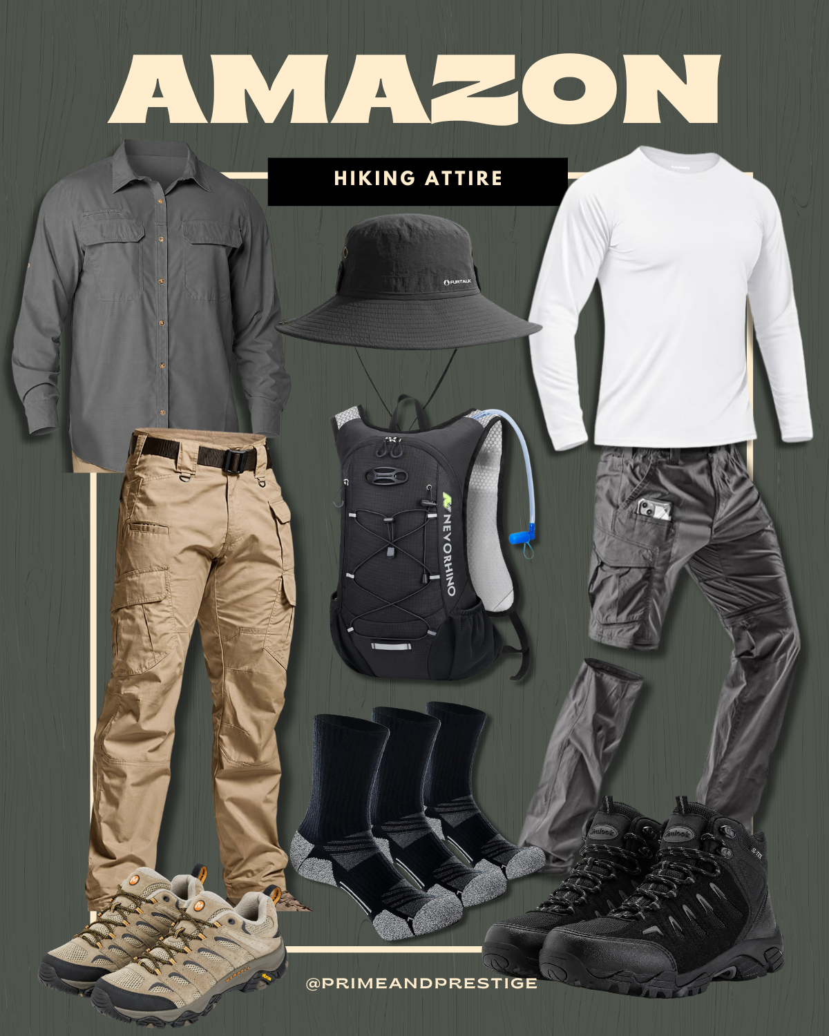 Amazon men's hiking clothing including moisture wicking shirts, hiking pants, cargo shorts, hiking boots, sun hat, merino wool socks, and hydration backpack for outdoor adventures.