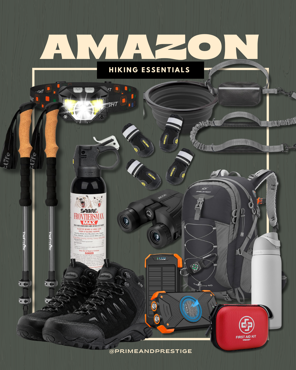Amazon hiking essentials including trekking poles, headlamp, bear spray, binoculars, hiking backpack, insulated water bottle, portable solar charger, first aid kit, and dog hiking gear.