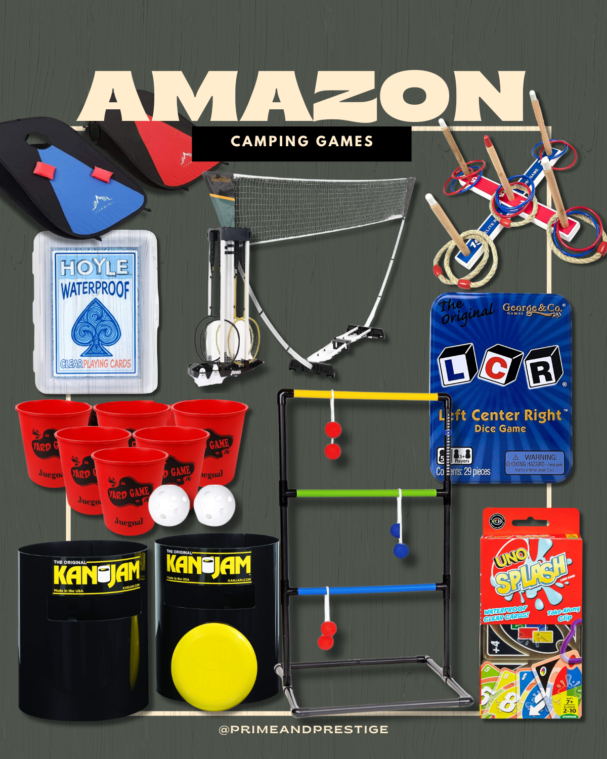 Amazon camping games including KanJam, ladder toss, ring toss, portable badminton set, waterproof playing cards, Uno Splash, LCR dice game, and yard pong.