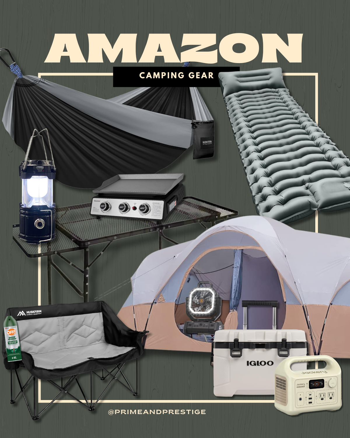Amazon camping gear featuring a family camping tent, hammock, sleeping pad, folding chair, portable power station, camping lantern, cooler, camp table, griddle, and bug spray.